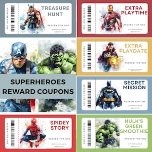 Superheroes Printable Kids Coupons, Editable Coupon Book, Kids Reward Coupon, Kids Reward Template, Birthday Coupon for boys, Kids Coupons