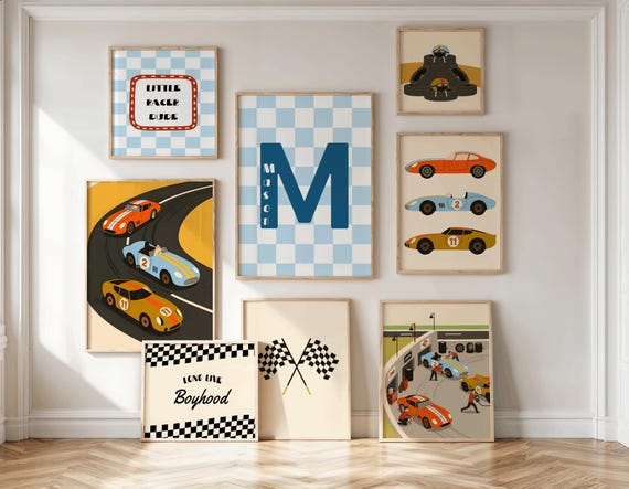 Set Of 8 Personalised Race Car Prints, Vehicle Prints, Boys Bedroom Prints, Toddler Boy Wall Art, Playroom Prints,Race Car Theme Nursery Art