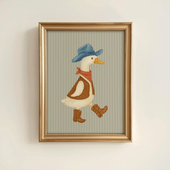Vintage Cowboy Goose Nursery Wall Art, Toddler Western Theme Download,Striped Baby Boy Nursery Wall Decor,Western Duck Printable Art,Digital