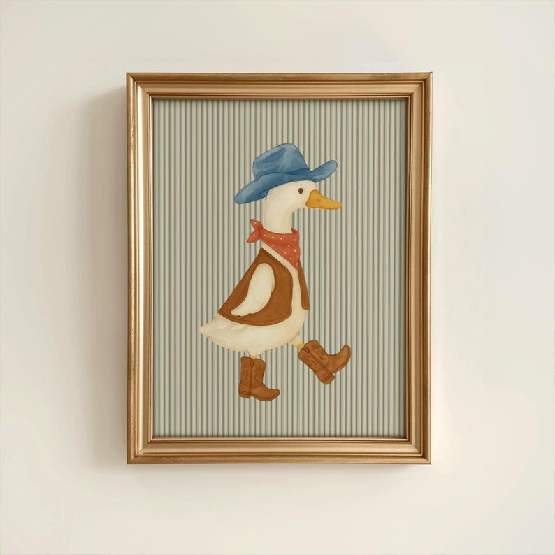 Vintage Cowboy Goose Nursery Wall Art, Toddler Western Theme Download,Striped Baby Boy Nursery Wall Decor,Western Duck Printable Art,Digital image 1