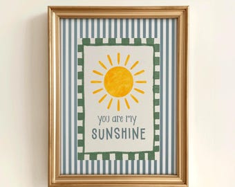 You Are My Sunshine – Vintage Striped Nursery Wall Art, Sun Illustration Wall Art, Toddler Room Print, Positive Quote Illustration, Digital