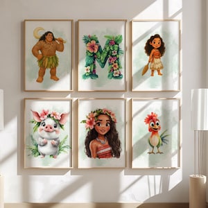 女の子の部屋にぴったりのプリンセスモアナのウォールアート、名前入りプリンセスデコレーション、6枚セットのプリントで子供部屋のウォールアート、プリンセスの保育園のデコレーション