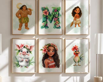 Personalized Princess Moana Wall Art for Girls Room, Custom Name Princess Decor, Set of 6 Prints Kids Room Wall Art, Princess Nursery Decor