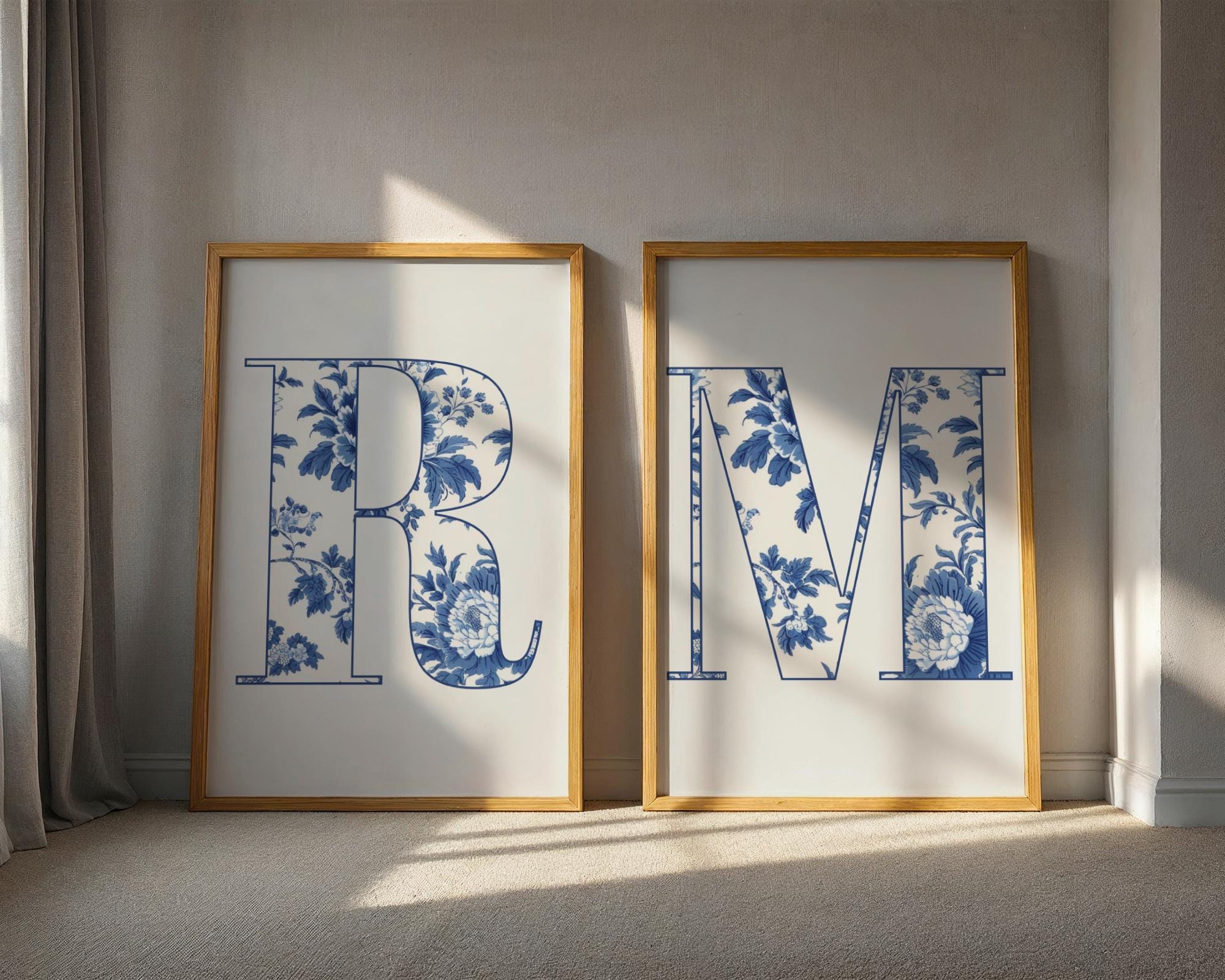Custom couples name print personalised floral initial set of 2 chinoiserie wall art vintage bedroom flower poster romantic gift for her