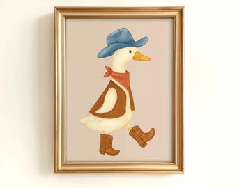 Arte de pared vintage de vaquero y ganso para habitación infantil, descarga con temática del oeste para niños pequeños, decoración de pared para habitación de bebé niño, arte imprimible de pato del oeste, descarga digital