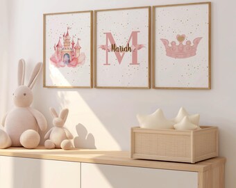 Custom Name Wall Art Set Pink Castle and Crown Decor Personalized Girl&#39;s Room Prints Princess Nursery Decor Kid’s Bedroom Wall Art
