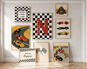 Juego de 8 láminas personalizadas de coches de carreras, láminas de vehículos, láminas para dormitorio infantil, arte de pared para niño pequeño, láminas para sala de juegos, arte infantil con temática de coches de carreras