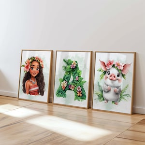 女の子の部屋用パーソナライズプリンセスモアナウォールアート、カスタムネームプリンセスデコレーション、子供部屋用ウォールアート3枚セット、プリンセス保育園デコレーション