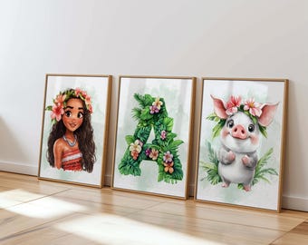 Personalized Princess Moana Wall Art for Girls Room, Custom Name Princess Decor, Set of 3 Prints Kids Room Wall Art, Princess Nursery Decor