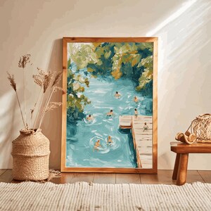Tiny People Swimming in Lake Print Retro Swimming wall art Pool House Beach Summer Poster Beach House Decor Minimalist Printable Wall Art