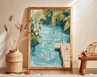 Tiny People Swimming in Lake Print Retro Swimming wall art Pool House Beach Summer Poster Beach House Decor Minimalist Printable Wall Art