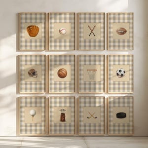 Lot de 12 affiches de sport | Illustrations de style vintage | Baseball, football, golf, hockey, basketball, soccer | Art déco pour chambre de garçon vichy