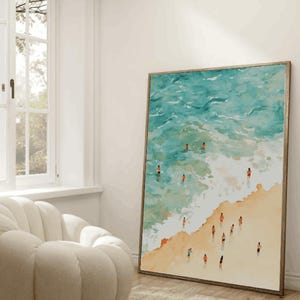 Impresión de personas diminutas nadando en el océano, póster de verano, decoración de casa de playa, arte mural minimalista imprimible, arte mural retro de natación, impresión de vacaciones