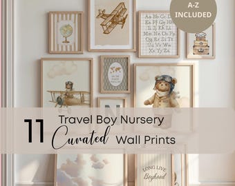 Personalized Teddy Bear Pilot Prints Set of 13,Vintage Airplane Print, Travel Boy Nursery,Boy Playroom Prints,Aviation,Sports Playroom Print