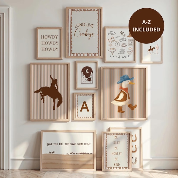 Personalized Cowboy Goose Nursery Wall Art Set of 11, Toddler Western Theme Download, Baby Boy Nursery Wall Decor,Western Duck Printable Art