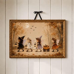 Puede incluir: Una pieza de arte mural rectangular enmarcada que muestra una ilustración de cuatro figuras aladas caminando por un bosque otoñal. Las figuras llevan sombreros y vestidos, portan linternas y arrastran un carro con una calabaza naranja.