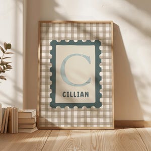 Personalized Beige Initial Print, Sage Green Gingham Nursery Art, Cottagecore Toddler Room Monogram