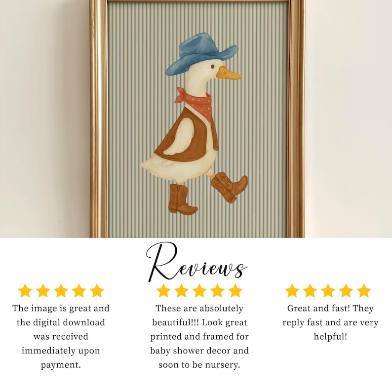 May include: Framed artwork featuring a whimsical illustration of a goose dressed as a cowboy. The goose wears a blue hat, red bandana, brown vest, and cowboy boots. The background has vertical stripes. The frame is gold.