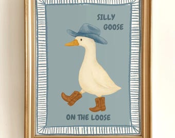 Arte de pared vintage de vaquero y ganso para guardería, descarga de temática western para niños pequeños, decoración de pared para guardería de niño, arte imprimible de pato western, digital