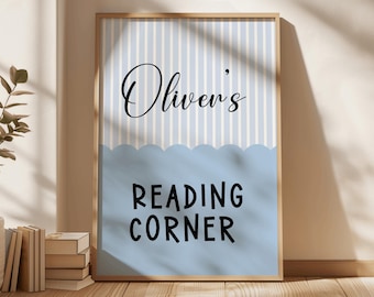 Personalized Reading Corner Sign, Book Nook Print, Blue Baby Boy Nursery Decor, Playroom Prints