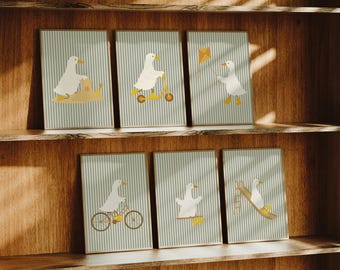 Sage Green Stripes Silly Goose Nursery Wall Art, Eclectic Nursery Wall Set of 7 Prints, Gender Neutral Playroom Decor, Playful Animal Prints