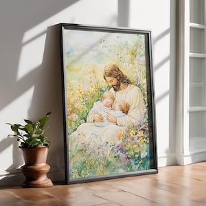 May include: A painting of Jesus holding two children in his arms. The children are sleeping and Jesus is looking down at them with a loving expression. The painting is set in a field of flowers.