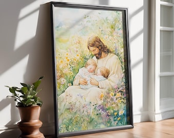 Jezus met engelbaby's, kinderkunst, miskraamkunst, Jezus met tweeling, Jezuskunstwerk, onder de vergeet-mij-nietjes, verlies van zwangerschap en baby