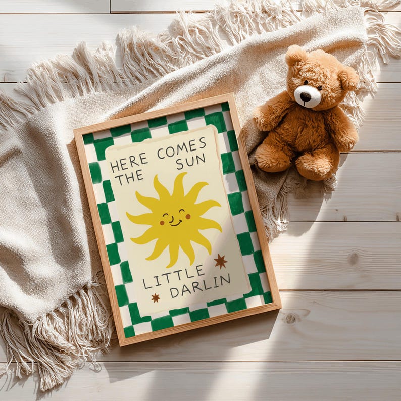 Here Comes The Sun Little Darlin Nursery Print, Boho Sunshine Wall Art, Modern Kids Room Decor, Above Bed Decor,Gender neutral nursery decor image 2