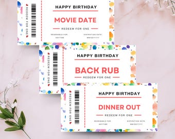 Peut inclure: Trois billets de bon cadeau imprimables colorés avec un fond aquarelle. Les billets disent "Joyeux anniversaire" et proposent différentes options de cadeaux : "Rendez-vous au cinéma", "Massage du dos" et "Dîner au restaurant".