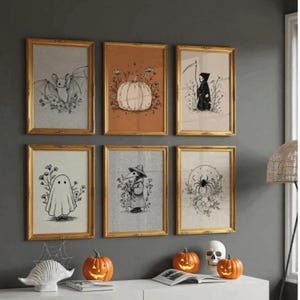 Halloween Sketch Art Prints Bundle, Vintage Halloween Printable Wall Art,Halloween Art Prints,Set of 6 Halloween Prints,Neutral Spooky Decor