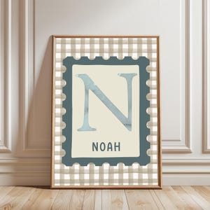 Gingham Baby Name for Room, Custom Initial Stamp Art for Nursery, Gingham Wall Art for Baby Boy, Boy Nursery Art Personalized, Digital Print