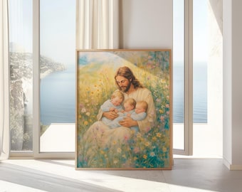Jezus houdt drieling baby's vast, kinderkunst, miskraamkunst, drielingverlies, Jezuskunstwerk, onder de vergeet-mij-nietjes, verlies van zwangerschap en baby