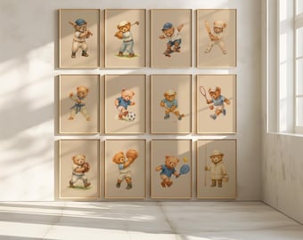 Set of 12 Vintage Teddy Bear Sports Wall Art,Babyshower Gift Boy,Watercolor llustrations,Sport Theme Boy Nursery Kid Room Decor