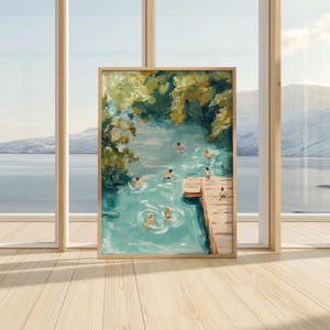 Tiny People Swimming in Lake Art | Summer Lake People Print | Minimalist Beach House Art | Pool House Decor | Digital Download Printable Art