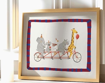 Animal Bike Parade Print:Whimsical Nursery Wall Art, Playful Animal Illustration, Retro Kids Room Poster, Digital Download