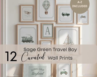 Personalized Sage Green Travel Boy Nursery Wall Art, Vintage Truck Boat Plane Train Print Transportation Nursery Decor Gallery Set of 12