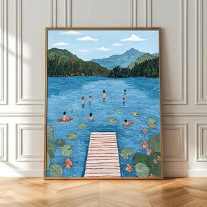 Tiny People Swimming in Lake Digital Print Summer Lake People Print Retro Swimming wall art Pool House Decor Minimalist Printable Wall Art