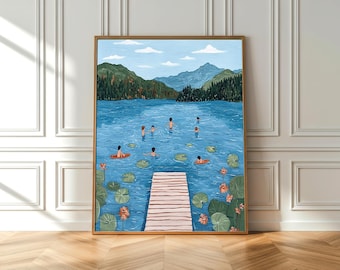 Tiny People Swimming in Lake Digital Print Summer Lake People Print Retro Swimming wall art Pool House Decor Minimalist Printable Wall Art
