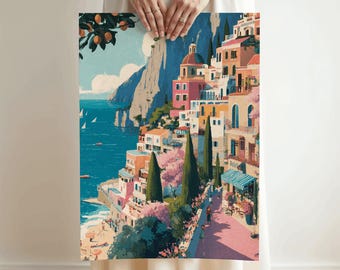 Watercolor Positano Italy Print: Coastal Travel Poster, Colorful Italian Amalfi Coast Poster (Digital Download)
