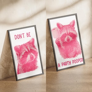 Pink Funny Raccoon Wall Art, Adorable Raccoon Bathroom Print, Raccoon with a Toilet Paper, Animal Bathroom Photo Print Set, Digital Download