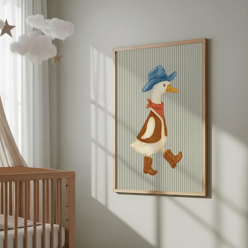 Vintage Cowboy Goose Nursery Wall Art, Toddler Western Theme Download,Striped Baby Boy Nursery Wall Decor,Western Duck Printable Art,Digital image 9