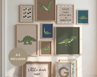 Dinosaur Gallery Wall Art Set of 11 Print,Dino Poster Initial Name,Personalized Gift Boy Dinosaur Decor,Toddler Adventure Room,Playroom Dino