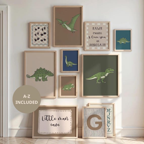Dinosaur Gallery Wall Art Set of 11 Print,Dino Poster Initial Name,Personalized Gift Boy Dinosaur Decor,Toddler Adventure Room,Playroom Dino
