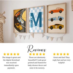 May include: Three framed wall art prints featuring a racing theme. The left print shows three race cars on a track. The center print displays a large blue letter M with the name Mason. The right print features three vintage race cars.
