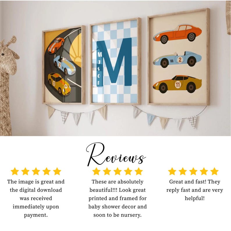 May include: Three framed wall art prints featuring a racing theme. The left print shows three race cars on a track. The center print displays a large blue letter M with the name Mason. The right print features three vintage race cars.