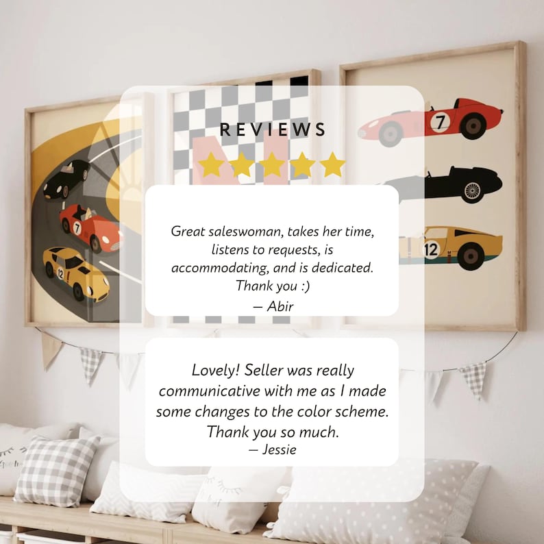 May include: Three framed prints featuring vintage race cars in red, black, and yellow. One print shows a race track with cars. The other prints display individual cars with numbers. The word "REVIEWS" is visible.