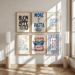 Set of 6 Trendy Cin Cin Cheers Print, Retro Wine Poster, Pasta Night Food Print, Bar Cart Art Print, Maximalist Kitchen Print,Dopamine Decor