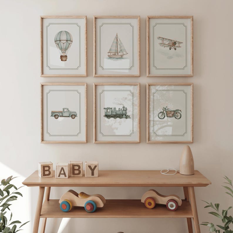 Personalized Sage Green Travel Boy Nursery Wall Art, Vintage Truck Boat ...