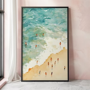 Tiny People Swimming in Ocean Print,Retro Swimming wall art,Pool House Beach Summer Poster, Beach House Decor, Minimalist Printable Wall Art