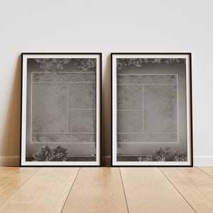 Arte de parede de tênis vintage, conjunto de 2 impressões de quadra de tênis, arte retrô de tênis, presente para jogador de tênis, decoração de apartamento universitário, decoração de quarto esportivo